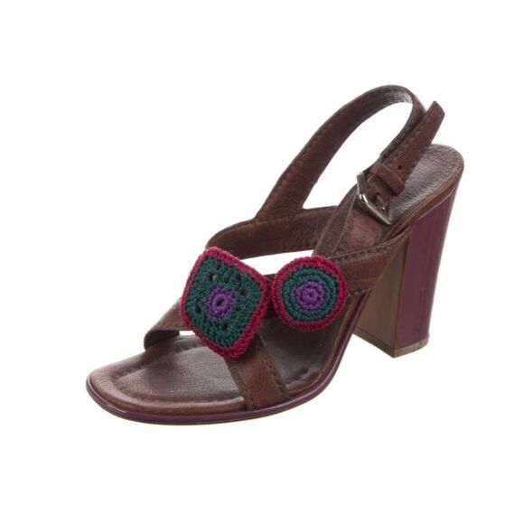 🔅 PRADA Classic VTG Leather Slingback Sandals Brown & Pink Crochet Accents🔅 - Picture 4 of 17